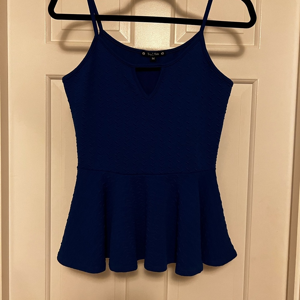 Blue spaghetti strap peplum top